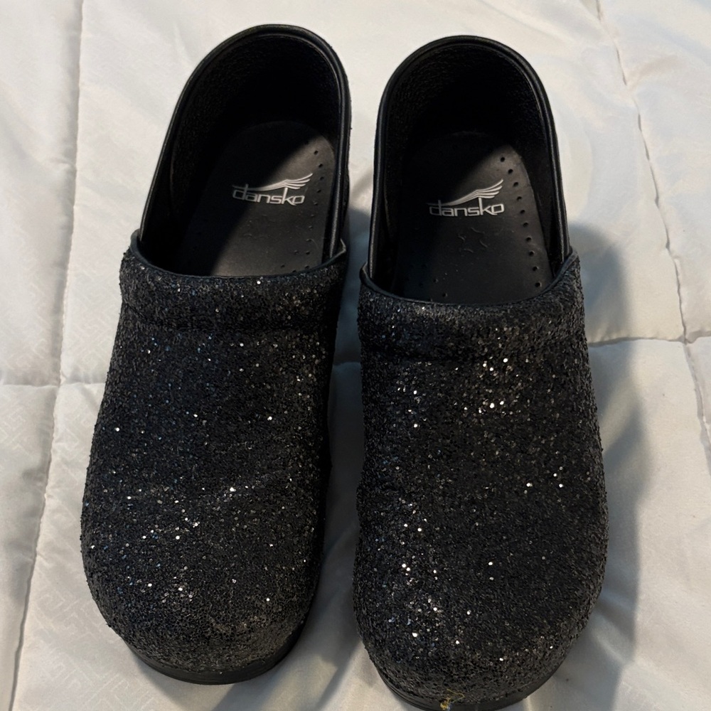 Dansko Black Glitter Slip-On Clogs